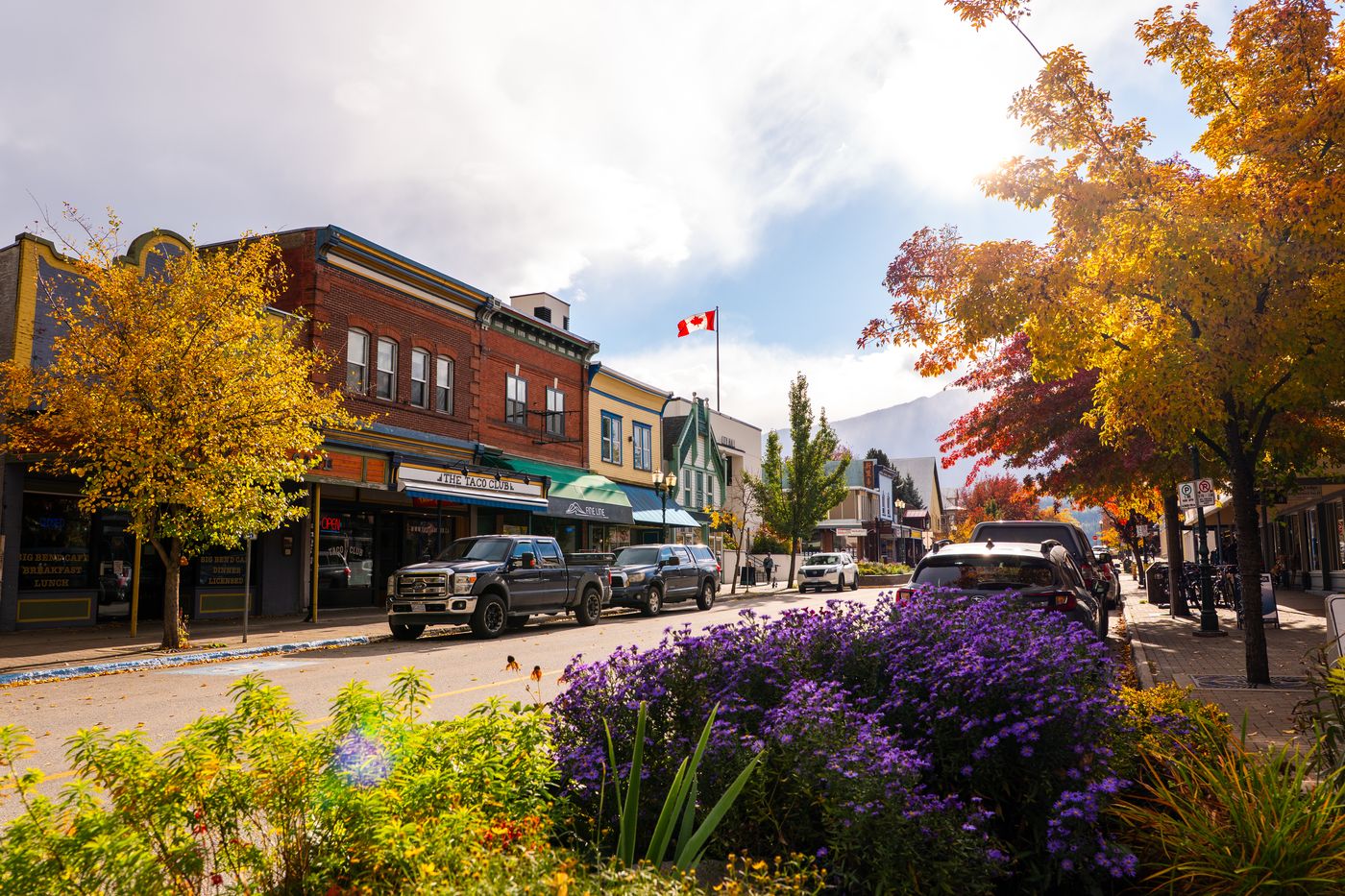 Downtown Revelstoke in autumn: heritage storefronts on Mackenzie Avenue